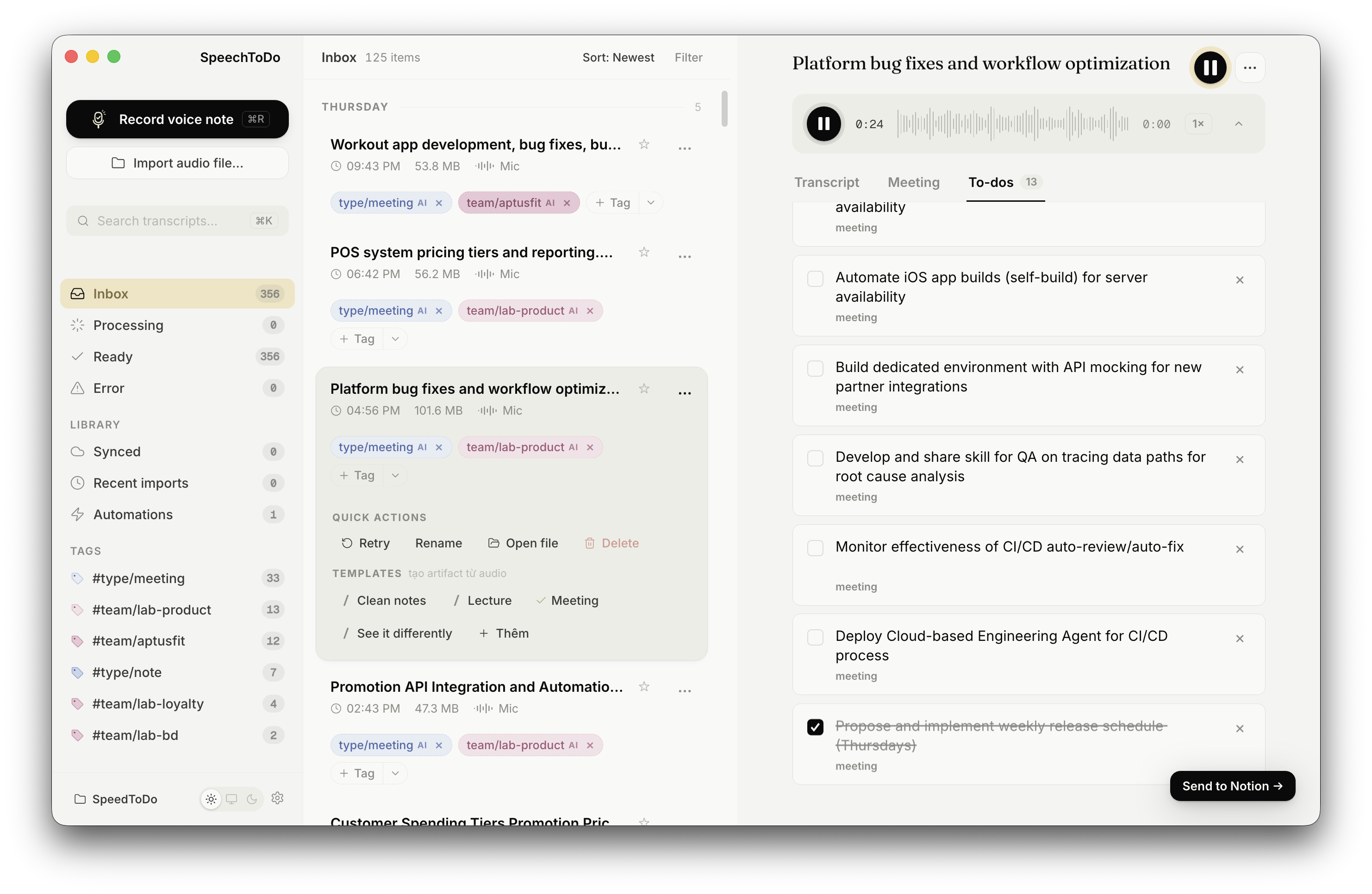 SpeechToDo desktop app with an inbox of voice notes and extracted to-dos.